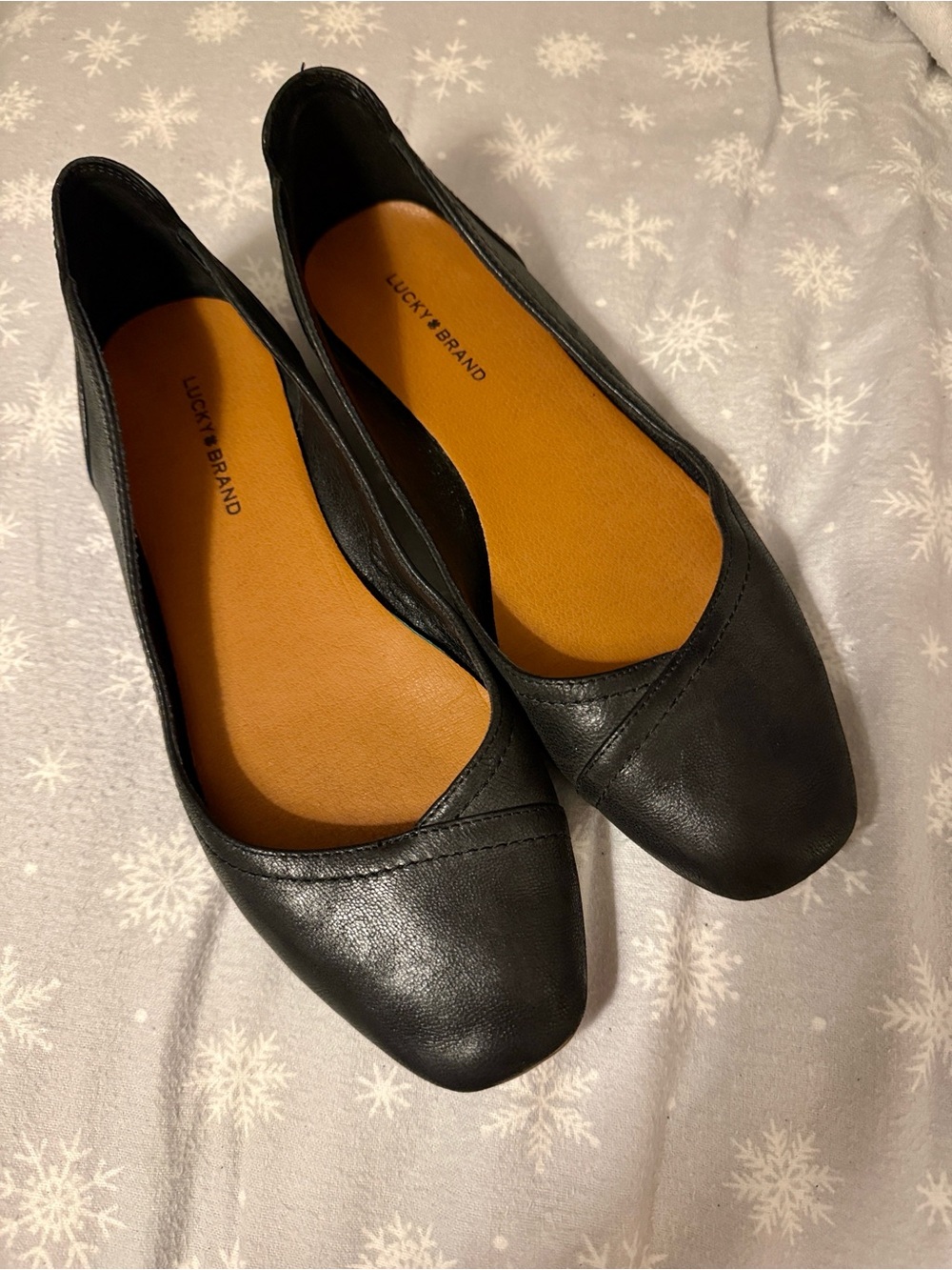 Lucky Brand Black Leather Square-Toe Ballet Flats